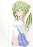  adjusting_hair breasts chimunge green_eyes green_hair highres kochiya_sanae long_hair mouth_hold sitting solo thigh-highs thighhighs touhou white_legwear wince 