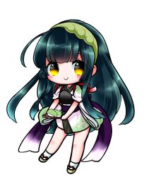  1girl absurdres ahoge brown_sandals chibi chibi_only closed_mouth edomura_niniko full_body green_hair green_hairband green_kimono hairband highres holding holding_tray japanese_clothes kimono long_hair looking_at_viewer obi official_art okobo platform_sandals purple_sash sandals sash second-party_source short_sleeves simple_background smile socks solo tabi touhoku_zunko transparent_background tray very_long_hair voiceroid white_socks yellow_eyes zunda_mochi 