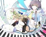  &gt;_&lt; ahoge ascot bare_shoulders bass_clef benghuai_7 black_hair black_legwear cable flower green_eyes hair_ornament long_hair luo_tianyi musical_note payot petals piano_keys sitting skirt smile solo thigh-highs thighhighs tian_dian treble_clef vocaloid wings 