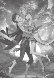  1boy 1girl :d barefoot boots breasts closed_eyes couple detached_sleeves emilia_(re:zero) floating_hair from_side greyscale hair_ornament happy highres hug long_hair miniskirt monochrome natsuki_subaru novel_illustration official_art ootsuka_shin'ichirou open_mouth outdoors pants pleated_skirt pointy_ears re:zero_kara_hajimeru_isekai_seikatsu ruins short_hair skirt sky smile standing thigh-highs thigh_boots third-party_source torn_clothes very_long_hair x_hair_ornament zettai_ryouiki 