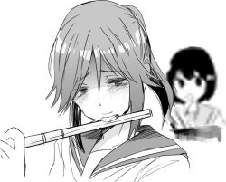  2girls closed_mouth commentary_request depressed flute greyscale hibike!_euphonium holding holding_flute holding_instrument instrument kasaki_nozomi liz_to_aoi_tori monochrome multiple_girls parted_bangs playing_flute playing_instrument ponytail portrait sad sailor_collar simple_background solo_focus tearing_up tears ushiro_hayahiro white_background 