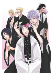  3girls 4boys absurdres adjusting_eyewear anno_im badge black_hair black_kimono bleach bleach:_sennen_kessen-hen blonde_hair blue_eyes braid character_request commentary_request earrings flower_wreath fukutaichou_badge glasses grey_hair haori head_wreath highres iemura_yasochika japanese_clothes jewelry kimono kotetsu_isane kusajishi_yachiru long_hair multiple_boys multiple_girls obi opaque_glasses pink_hair sash shihakusho single_braid smile taichou_haori unohana_retsu violet_eyes yamada_hanatarou zaraki_kenpachi 