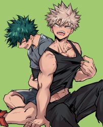  2boys adam's_apple aqua_hair arm_at_side bakugou_katsuki bare_arms bare_shoulders behind_another black_pants black_tank_top blonde_hair blue_shorts blush boku_no_hero_academia chiyaya closed_eyes clothing_request collar_tug collarbone crew_neck eyebrows_hidden_by_hair facing_down feet_out_of_frame freckles from_side furrowed_brow green_background grey_shirt hair_between_eyes hand_on_own_elbow hand_up happy hickey highres indian_style invisible_floor knees_up light_blush looking_at_another looking_back lower_teeth_only male_focus midoriya_izuku midriff_peek multiple_boys open_mouth pants pectoral_cleavage pectorals profile red_eyes sanpaku scar scar_on_chest scar_on_shoulder shirt short_hair shorts simple_background single_vertical_stripe sitting smile spiky_hair sweat t-shirt tank_top teeth tsurime turning_head uneven_eyes v-shaped_eyebrows 