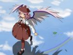  animal_ears bird blue_sky brown_dress brown_eyes cloud clouds dress ear_piercing floating_object hat highres leaf looking_at_viewer mystia_lorelei piercing pink_hair rainbow red_eyes reflection shirt short_hair sky smile solo tachi_(mtd) touhou walking waves wings 