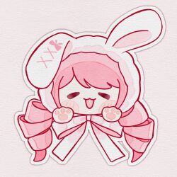  1girl =_= animal_ear_hood animal_ears blush_stickers bow bowtie chinese_commentary commentary_request drill_hair food fruit fur_hood grey_background hair_through_hood happy head_only highres hood long_hair low_twintails nikki_(nikki) nikki_(series) one_ear_down open_mouth outline pawpads pink_bow pink_bowtie pink_hair rabbit_ears shanfengzhu simple_background smile solo straight-on swept_bangs twin_drills twintails white_hood white_outline 