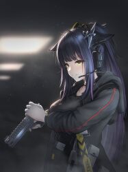  1girl absurdres animal_ears arknights black_hair black_jacket black_shirt breasts cat_ears cat_girl commentary desert_eagle english_commentary finger_on_trigger gun handgun headphones highres holding holding_gun holding_weapon jacket jessica_(arknights) jessica_the_liberated_(arknights) large_breasts multicolored_hair okukin_07 open_clothes open_jacket ponytail purple_streaks shirt solo streaked_hair two-tone_hair upper_body weapon yellow_eyes 