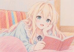  1girl :d ahoge black_ribbon blanket blonde_hair blue_eyes blue_ribbon blue_shirt blush book colored_pencil_(medium) commentary_request hair_between_eyes hair_intakes hand_on_own_face head_rest holding holding_book indoors iyojima_anzu long_hair long_sleeves looking_at_viewer lying neck_ribbon nogi_wakaba_wa_yuusha_de_aru on_stomach open_book open_mouth pajamas reading ren_(user_thus8583) ribbon shirt sidelocks smile solo traditional_media yuusha_de_aru 