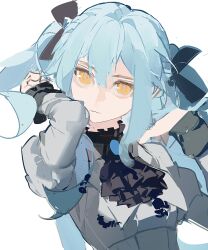  1girl ascot bang_dream! bang_dream!_it's_mygo!!!!! black_ascot black_ribbon blue_hair brooch caomei_xing_quqi chinese_commentary closed_mouth commentary_request hair_between_eyes hair_ribbon hands_up jewelry juliet_sleeves long_hair long_sleeves looking_at_viewer puffy_sleeves ribbon sidelocks simple_background solo togawa_sakiko two_side_up upper_body white_background yellow_eyes 