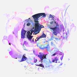 1boy alternate_hair_color antenna_hair armlet blue_flower blue_hair bow_(weapon) choker circle coat coattails crossed_bangs cyrene_(demiurge)_(honkai:_star_rail) cyrene_(honkai:_star_rail) diamond-shaped_pupils diamond_(shape) earrings flower gradient_clothes gradient_hair green_hair hair_flower hair_ornament heart highres holding holding_bow_(weapon) holding_weapon honkai:_star_rail honkai_(series) instagram_logo instagram_username jewelry lari_s_art long_bangs long_coat long_pointy_ears multicolored_coat multicolored_eyes multicolored_hair night pants phainon_(honkai:_star_rail) pink_coat pink_hair pink_ribbon planet_earrings pointy_ears purple_coat rainbow_eyes ribbon role_reversal rose shirt shoes short_hair single_earring solo space starry_sky_print suit symbol-shaped_pupils tailcoat tiktok_logo tiktok_username twitter_logo twitter_username weapon white_coat white_flower white_pants white_ribbon white_shirt white_shoes wrist_ribbon 