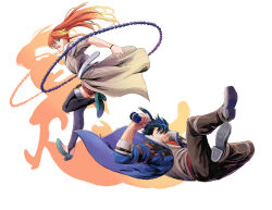  1boy 1girl aa_naruhhodo absurdres coat commentary_request drop_shadow eiyuu_densetsu full_body green_eyes high_heels highres holding holding_weapon holding_whip judith_lanster kuro_no_kiseki_(series) kuro_no_kiseki_i looking_at_viewer multicolored_hair simple_background sword thigh-highs two-tone_hair van_arkride weapon whip white_background 