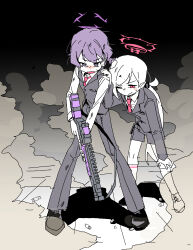  2girls ;) black_pants black_shoes black_shorts black_suit black_vest blue_archive commentary_request dust_cloud emoji_mojimoji fabarm_fp6/sdass gun halo hand_on_another's_shoulder haruka_(blue_archive) haruka_(suit)_(blue_archive) highres holding holding_gun holding_weapon kneehighs korean_commentary multiple_girls mutsuki_(blue_archive) mutsuki_(suit)_(blue_archive) necktie official_alternate_costume one_eye_closed pants pump_action purple_hair red_eyes red_necktie shoes shorts shotgun smile socks suit sweatdrop vest violet_eyes weapon white_hair 