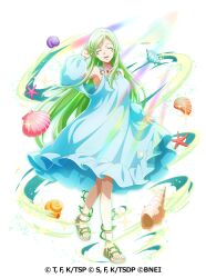  1girl :d absurdres adjusting_hair arm_up artist_request blue_dress breasts closed_eyes collarbone copyright_name copyright_notice dress dryad facing_viewer from_side full_body gold_sandals green_hair hand_up highres holding_own_dress jewelry long_hair magic medium_breasts necklace o-ring o-ring_dress official_alternate_costume official_art open_mouth plant sandals seashell second-party_source shell simple_background smile solo standing starfish tensei_shitara_slime_datta_ken tensei_shitara_slime_datta_ken:_isekai_memories transparent_background treyni_(tensura) very_long_hair vines walking white_sandals 