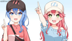 +_+ baseball_bat black_hat blue_background blue_eyes blue_nails blush commentary_request felutiahime finger_to_mouth gradient_background green_eyes hat highres hololive hoshimachi_suisei jewelry long_hair looking_at_viewer looking_up necklace official_art open_mouth pink_hair pink_nails pointing pointing_up sakura_miko short_sleeves smile star_(symbol) star_in_eye star_necklace sweatdrop symbol_in_eye upper_body virtual_youtuber white_background white_hat 