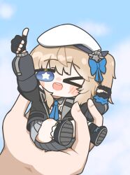  1girl :d ;d black_gloves black_jacket blue_bow blue_necktie blue_sky bow clouds collared_shirt commentary contrast_collar english_commentary fingerless_gloves full_body girls'_frontline_2:_exilium girls_frontline gloves grey_skirt hair_bow hat highres in_palm jacket looking_at_viewer mini_person minigirl necktie one_eye_closed one_side_up open_clothes open_jacket pleated_skirt pov pov_hands reynamadrista shirt skirt sky smile solo_focus star-shaped_pupils star_(symbol) symbol-shaped_pupils teeth thumbs_up upper_teeth_only vepley_(girls'_frontline_2) white_hat white_shirt 