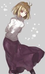  1girl antenna_hair arcueid_brunestud arms_behind_back blonde_hair breasts chocoan commentary_request flower grey_background grey_pantyhose hair_between_eyes leaning_forward light_blush long_skirt looking_at_viewer pantyhose purple_skirt red_eyes short_hair sidelocks single_hair_intake skirt smile solo sweater tsukihime turtleneck turtleneck_sweater white_sweater wind wind_lift 