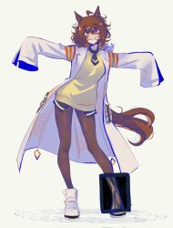  1girl agnes_tachyon_(tach-nology)_(umamusume) agnes_tachyon_(umamusume) ahoge animal_ears black_necktie blush bone brown_hair brown_pantyhose calamity_brezze chemical_structure coat cork earrings full_body hair_between_eyes highres horse_ears horse_girl horse_tail jewelry lab_coat long_sleeves necktie open_mouth pantyhose red_eyes shirt short_necktie simple_background single_earring sleeves_past_fingers sleeves_past_wrists smile solo sweater sweater_vest tail test_tube umamusume white_coat wolf_cut x-ray yellow_sweater yellow_sweater_vest 