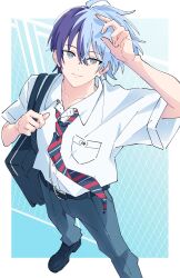  1boy aoyagi_touya arm_up bag belt belt_buckle black_belt black_shoes blue_hair breast_pocket bright_pupils buckle chain-link_fence closed_mouth collared_shirt commentary_request diagonal-striped_clothes diagonal-striped_necktie fence foot_out_of_frame from_above grey_eyes hand_up highres holding_strap kamiyama_high_school_uniform_(project_sekai) looking_at_viewer male_focus mole mole_under_eye multicolored_hair necktie open_collar pants pocket project_sekai school_bag school_uniform shirt shoes short_hair short_sleeves smile solo split-color_hair striped_clothes striped_necktie tanaka3 two-tone_hair white_pupils wing_collar 