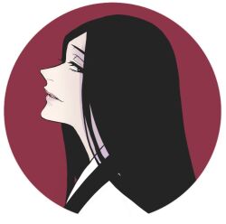  1girl anno_im black_eyes black_hair bleach bleach:_sennen_kessen-hen commentary_request from_side haori japanese_clothes light_smile lips long_hair parted_lips pink_lips portrait red_background shihakusho sideways_glance solo unohana_retsu unohana_yachiru white_haori 