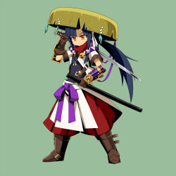  1girl armor black_hair boots brown_boots brown_gloves closed_mouth commentary_request diamond_(gemstone) fuurai_(sekaiju) fuurai_2_(sekaiju) gloves green_background hakama hakama_pants holding holding_sheath holding_sword holding_weapon japanese_armor japanese_clothes katana kote legs_apart male_focus neck_warmer orange_eyes pants ponytail purple_ribbon red_hakama ribbon sandogasa sekaiju_no_meikyuu sekaiju_to_fushigi_no_dungeon sheath shin_ala simple_background smile solo split_mouth sword weapon 