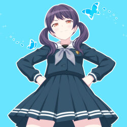  1girl bad_id bad_twitter_id bang_dream! bang_dream!_girls_band_party! blue_background blue_jacket blue_skirt brown_hair bug butterfly commentary_request feet_out_of_frame futaba_tsukushi highres jacket long_hair looking_at_viewer lukedon0922 purple_hair sailor_collar school_uniform simple_background skirt solo standing tsukinomori_school_uniform 