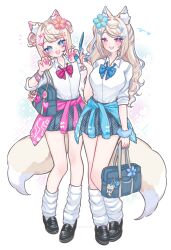  2girls :3 absurdres animal_ear_fluff animal_ears bag bandaid bandaid_hair_ornament black_boots blonde_hair blue_bow blue_eyes blue_nails blue_streaks blush boots bow breasts cellphone clothes_around_waist collared_shirt commentary dog_ears dog_girl dog_tail fingernails full_body fuwawa_abyssgard hair_ornament hairclip highres holding holding_bag holding_phone hololive hololive_english large_breasts leg_warmers long_hair looking_at_viewer mococo_abyssgard multicolored_hair multiple_girls open_mouth phone pink_bow pink_eyes pink_nails pink_streaks pleated_skirt ruffian_(fuwamoco) school_bag shirt short_hair siblings sisters skirt streaked_hair tail twins twitter_username untranslatable_commentary virtual_youtuber white_leg_warmers white_shirt x_hair_ornament yamiescupid 