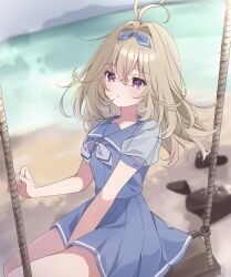  1girl alternate_costume antenna_hair beach between_legs blonde_hair blue_dress dress hair_intakes hand_between_own_legs highres light_blush long_hair meitantei_precure! mi_(unjour) moria_luluka neckerchief ocean on_swing outdoors parted_lips precure sailor_dress sand school_uniform see-through_clothes see-through_sleeves sidelocks solo swing violet_eyes water 