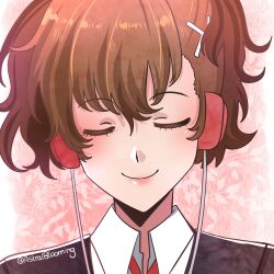  1girl absurdres aegis_asu bow brown_hair closed_eyes collarbone commentary english_commentary floral_background gekkoukan_high_school_uniform hair_ornament hairclip headphones highres lips persona persona_3 persona_3_portable pink_background red_bow school_uniform shiomi_kotone smile 