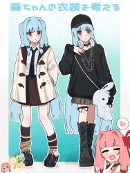  2girls :t absurdres ahoge baseball_cap black_boots black_choker black_hat black_necktie black_shoes black_sweater blue_background blue_hair blunt_bangs blunt_ends blush boots border brown_skirt brown_socks choker closed_eyes closed_mouth collarbone collared_shirt commentary_request full_body gradient_background gradient_border grey_border hair_intakes hand_on_own_chest hat headphones headphones_around_neck heart heart_in_mouth highres hinohari_(user_wzxk7585) jacket jewelry kotonoha_akane kotonoha_aoi lace-up_boots long_hair long_sleeves looking_at_viewer multiple_girls necklace necktie open_clothes open_jacket open_mouth outline outside_border parted_lips pink_hair plaid_clothes plaid_skirt pleated_skirt red_eyes school_uniform shirt shoes siblings sidelocks sisters skirt socks spoken_heart standing sweater translation_request two_side_up v-shaped_eyebrows very_long_hair voiceroid white_border white_jacket white_outline white_shirt 