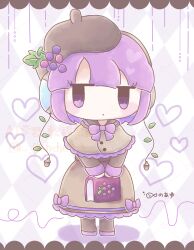  1girl ayu_(user_pyrk5834) beret black_boots black_capelet black_dress black_hat blush_stickers book boots bow bowtie capelet chibi chibi_only closed_mouth commentary_request dress fish frilled_capelet frills grape_hat_ornament hair_vines hat headphones heart highres holding holding_book jitome leaf looking_to_the_side plant purple_background purple_bow purple_bowtie purple_hair purple_trim short_hair solo star_(symbol) utane_uta utau vines violet_eyes watermark 