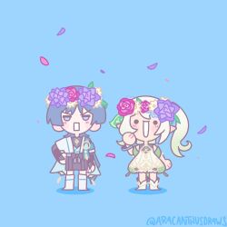  1boy 1girl anklet aracanthusdraws armor arms_at_sides black_bodysuit black_bow black_shorts bloomers blue_background blue_cape blue_gem blue_hair blue_kimono blunt_ends blush bodysuit boots bow bracelet bridal_gauntlets cape chibi chibi_only circle_hands colored_tips detached_sleeves dress feathers flower flower_wreath furisode gem genshin_impact gold_anklet gradient_hair green_hair green_sleeves grey_bridal_gauntlets hair_ornament hakama hakama_shorts hand_on_own_hip hand_up highres japanese_armor japanese_clothes jewelry juban kimono kote kurokote leaf leaf_hair_ornament long_hair looking_at_viewer mandarin_collar multicolored_hair nahida_(genshin_impact) o_o open_clothes open_kimono open_mouth pink_flower pleated_shorts pom_pom_(clothes) purple_flower scaramouche_(genshin_impact) short_dress short_sleeves shorts side_cape side_ponytail sidelocks solid_circle_eyes standing twitter_username v-shaped_eyebrows violet_eyes vision_(genshin_impact) wanderer_(genshin_impact) white_bloomers white_boots white_dress white_hair white_kimono white_mouth white_sleeves wolf_cut yellow_feathers yellow_flower 