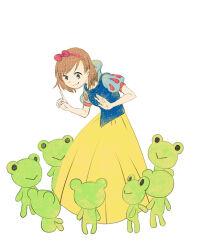  1girl bare_arms bow bow_hairband brown_eyes brown_hair closed_mouth commentary_request cosplay dated_commentary dot_nose full_body gekota hairband index_finger_raised long_skirt medium_hair misaka_mikoto puffy_short_sleeves puffy_sleeves red_bow red_hairband short_sleeves simple_background sitting skirt smile snow_white_(disney) snow_white_(disney)_(cosplay) standing toaru_kagaku_no_railgun toaru_majutsu_no_index tobe! two-tone_sleeves white_background yellow_skirt 
