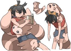  1boy black_hair blue_shorts blush book chiba_(fpwgfnrixm35508) closed_eyes closed_mouth crossed_bangs furret hair_between_eyes hairband highres holding holding_book kieran_(pokemon) leaning_forward male_focus multiple_views open_mouth orange_hairband pokemon pokemon_(creature) pokemon_on_back pokemon_scarlet_and_violet reading red_tank_top shorts simple_background tank_top white_background 