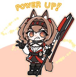  1girl angelina_(arknights) angelina_the_mellow_wish_(arknights) animal_ears arknights black_boots black_collar black_gloves black_hairband boots bright_pupils brown_hair collar deformed detached_sleeves dress fox_ears fox_girl fox_tail gloves grin hair_intakes hairband holding holding_staff infection_monitor_(arknights) long_hair looking_to_the_side nyuda orange_eyes smile solo staff tail twintails v white_dress white_pupils 
