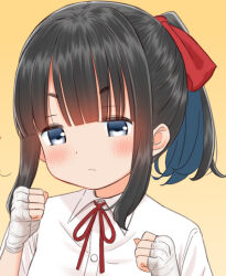  1girl :< bandaged_arm bandaged_hand bandages black_hair blue_eyes blue_hair blunt_bangs blush bow buttons clenched_hands closed_mouth collared_shirt dress_shirt frown gradient_background hair_bow hair_ribbon hand_wraps hands_up high_ponytail looking_at_viewer medium_hair multicolored_hair neck_ribbon original ponytail red_bow red_ribbon retsumaru ribbon school_uniform shirt short_sleeves sidelocks simple_background solo upper_body white_shirt yellow_background 