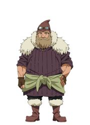  1boy anime_coloring beard black_pants boots brown_boots brown_gloves brown_hat clenched_hand connected_beard dwarf ebata_ryouma facial_hair fingerless_gloves full_beard full_body fur-trimmed_boots fur_trim gloves goggles goggles_on_head hand_on_own_hip hat huge_eyebrows kaijin_(tensura) large_nose long_beard looking_at_viewer male_focus mustache official_art pants purple_shirt second-party_source shirt simple_background solo standing tachi-e tensei_shitara_slime_datta_ken thick_beard thick_mustache transparent_background 