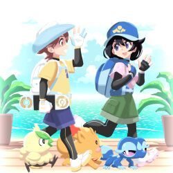  1boy 1girl backpack bag baseball_cap black_hair blue_bag blue_hat blue_shorts brown_hair browt cargo_shorts commentary day english_commentary female_protagonist_(pokemon_ww) fingerless_gloves gecqua gloves green_shorts hat highres john_su looking_at_another male_protagonist_(pokemon_ww) medium_hair open_mouth outdoors pink_shirt pokemon pokemon_(creature) pokemon_winds_and_waves pombon shirt shorts smile walking white_bag white_hat yellow_shirt 