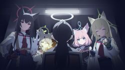  5girls ahoge animal_ear_fluff animal_ears arancino_family_contact_(blue_archive) bad_link black_choker black_hair black_sailor_collar blonde_hair blue_archive blue_eyes blue_halo brown_hair choker closed_eyes fox_ears fox_girl fox_platoon_(blue_archive) green_eyes green_halo halo highres kurumi_(blue_archive) long_hair long_sleeves multiple_girls neckerchief niko_(blue_archive) official_art otogi_(blue_archive) pink_hair ponytail red_eyes red_halo red_neckerchief rubber_chicken sailor_collar school_uniform serafuku shirt short_hair sparks two_side_up white_shirt yukino_(blue_archive) 