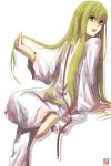  androgynous barefoot enkidu_(fate/strange_fake) fate/strange_fake fate_(series) feet green_eyes green_hair highres long_hair male open_mouth robe solo trap 