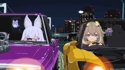  2girls :3 ahoge animal_ear_fluff animal_ears aviation_obstruction_lighting baiyuu blue_hair blush bridge building car city colored_inner_hair copyright_logo copyright_notice cowlick double-parted_bangs dragon_girl dragon_horns dragon_wings driving earrings engine english_commentary fast_&amp;_furious fox_ears fox_girl hair_between_eyes hair_ornament highway horns jewelry lamppost logo mazda_rx-7 mazda_rx-7_fd motor_vehicle multicolored_hair multiple_girls muscle_car night official_art orange_car phase_connect pixel_art purple_car racing rear-view_mirror rear-view_mirror_charm red_eyes sidelocks sky star-shaped_pupils star_(symbol) symbol-shaped_pupils tenma_maemi the_fast_and_the_furious:_tokyo_drift theo_(tenma_maemi) tokyo tokyo_rainbow_bridge utatane_nasa v-shaped_eyebrows violet_eyes virtual_youtuber white_hair wings yellow_horns yellow_pupils yellow_wings 