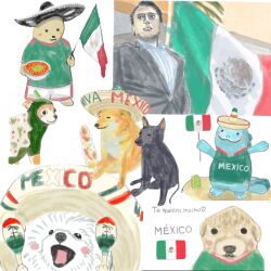  1boy cactus celebration chihuahua chili_pepper desert dog elote_(food) harukaze_illust hat highres holding holding_instrument holding_maracas instrument maracas meme mexican_flag mexican_national_soccer_team_uniform mexico original poodle pozole quagsire shiba_inu soccer_uniform sombrero spanish_text sportswear xoloitzcuintle 