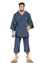  1boy anime_coloring black_eyes black_hair brown_sandals clenched_hand closed_mouth collarbone ebata_ryouma facial_mark frown full_body hand_on_own_hip horns japanese_clothes kurobe_(tensura) looking_at_viewer male_focus official_art oni samue sandals second-party_source short_hair simple_background solo sparse_arm_hair sparse_leg_hair standing tachi-e tensei_shitara_slime_datta_ken transparent_background white_horns 