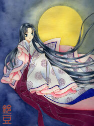  1girl absurdly_long_hair artist_name black_hair blue_eyes closed_mouth color_ink_(medium) floating_hair fog full_body full_moon hakama hakama_skirt japanese_clothes kaguya_hime kimono layered_kimono long_hair long_sleeves looking_at_viewer moon night pink_kimono red_hakama skirt sleeves_past_fingers sleeves_past_wrists solo suzumame taketori_monogatari traditional_media very_long_hair white_kimono 