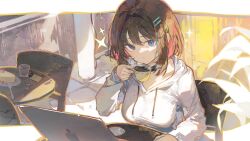  1girl absurdres apple_inc. blue_eyes breasts brown_hair cake cake_slice chair character_request closed_mouth cocoballking commentary_request commission computer copyright_request cup drawstring drinking_glass food fork hair_ornament hairclip hand_up highres holding holding_cup hood hood_down hoodie indoors laptop large_breasts long_sleeves looking_at_viewer o3o on_chair parallel_hairclips restaurant short_hair solo table teacup upper_body white_hoodie 