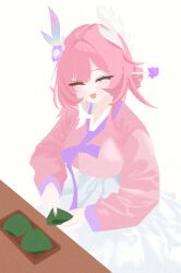  1girl 99_100 alternate_costume commentary_request cyrene_(demiurge)_(honkai:_star_rail) cyrene_(honkai:_star_rail) flower hair_flower hair_ornament hakama highres honkai:_star_rail honkai_(series) japanese_clothes kimono korean_commentary multicolored_hair pink_hair pink_kimono short_hair smile solo two-tone_hair white_hair white_hakama 