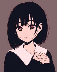  1girl black_hair black_sweater close-up closed_mouth collar collared_sweater commentary gradient_eyes grey_background long_sleeves looking_at_viewer moshimoshibe multicolored_eyes osanai_yuki own_hands_together pink_eyes short_hair shoushimin_series simple_background smile solo sweater two-tone_sweater white_collar white_sweater yellow_eyes 