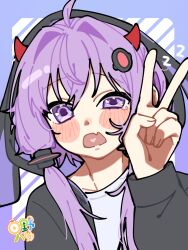  1girl absurdres ahoge black_jacket blue_border blush_stickers border commentary_request diagonal-striped_background fang hair_between_eyes hair_intakes hair_ornament hand_up highres hinohari_(user_wzxk7585) hood hood_up hooded_jacket jacket long_sleeves looking_at_viewer open_clothes open_jacket open_mouth outside_border purple_hair short_hair_with_long_locks sidelocks skin_fang solo striped_background tearing_up upper_body v violet_eyes vocaloid voiceroid yuzuki_yukari zzz 