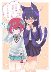 2girls ? amate_yuzuriha animal_ears black_skirt blue_eyes blue_skirt blush cat_ears cat_girl cat_tail cellphone commentary_request gundam gundam_gquuuuuux heart holding holding_phone japanese_text multiple_girls necktie nyaan_(gundam_gquuuuuux) open_mouth phone pleated_skirt red_eyes skirt smile speech_bubble spoken_question_mark star_(symbol) striped_clothes striped_necktie tail teu_(navy) thought_bubble translation_request yellow_eyes yuri