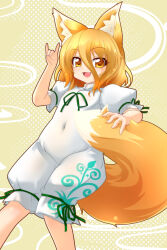  1girl :d animal_ear_fluff animal_ears arm_up blonde_hair breasts commentary_request covered_navel dot_nose fang feet_out_of_frame fluffy_tail fox_ears fox_girl fox_shadow_puppet fox_tail green_ribbon hair_between_eyes hand_on_own_tail highres kazami_karasu knees_together_feet_apart kudamaki_tsukasa light_blush long_hair_between_eyes looking_at_viewer open_mouth puffy_short_sleeves puffy_sleeves ribbon romper short_sleeves sleeve_ribbon small_breasts smile solo standing tail touhou white_romper yellow_background yellow_eyes 