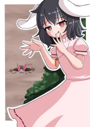  :q absurdres animal_ears black_hair blush border bright_pupils carrot_necklace closed_mouth commentary dot_nose dress feet_out_of_frame floppy_ears hands_up highres inaba_tewi jewelry looking_at_viewer multiple_girls necklace outdoors outline outside_border pendant pink_dress pitfall purple_hair rabbit_ears rabbit_girl raised_inner_eyebrows red_eyes reisen_udongein_inaba ribbon-trimmed_dress ribbon_trim short_hair smug solo_focus tongue tongue_out touhou white_border white_outline white_pupils you-ten25 