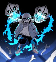  1boy 2023 2d black_background black_shorts blue_background blue_jacket dark_background digital_media drawstring full_body gasterblaster glowing glowing_eye grey_hood hands_in_pockets highres hollow_eyes hood hood_down hooded_jacket humanoid jacket legs_apart long_sleeves male male_focus miya31 monster monster_boy open_clothes open_jacket pink_slippers sans_(undertale) shirt shorts simple_background single_vertical_stripe skeleton skull slippers socks solo_focus standing striped_clothes striped_shorts teeth undead undertale utdr_(toby_fox) vertical-striped_clothes vertical-striped_shorts white_shirt white_socks white_stripes zipper 